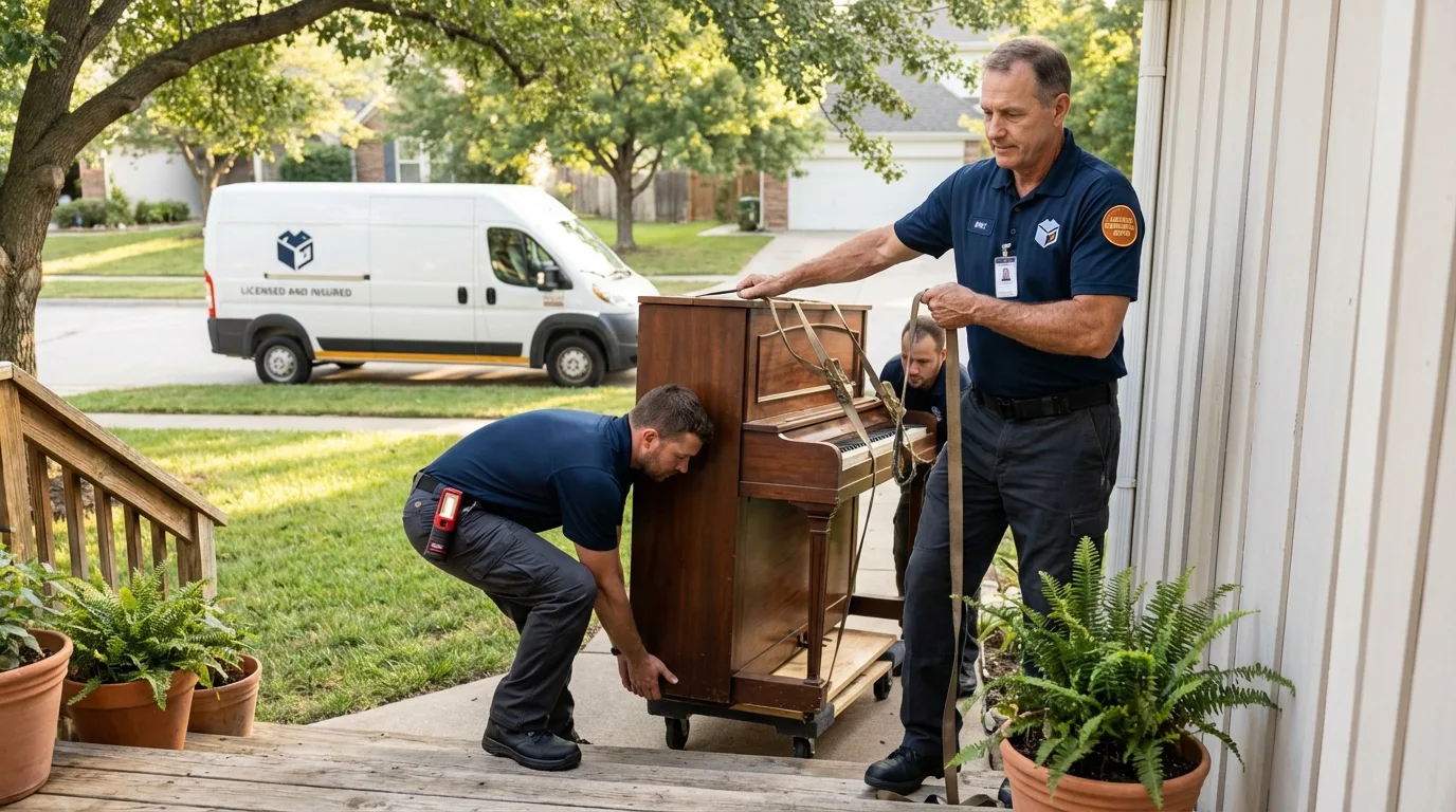 Licensed piano movers securing grand piano in West Plains, MO