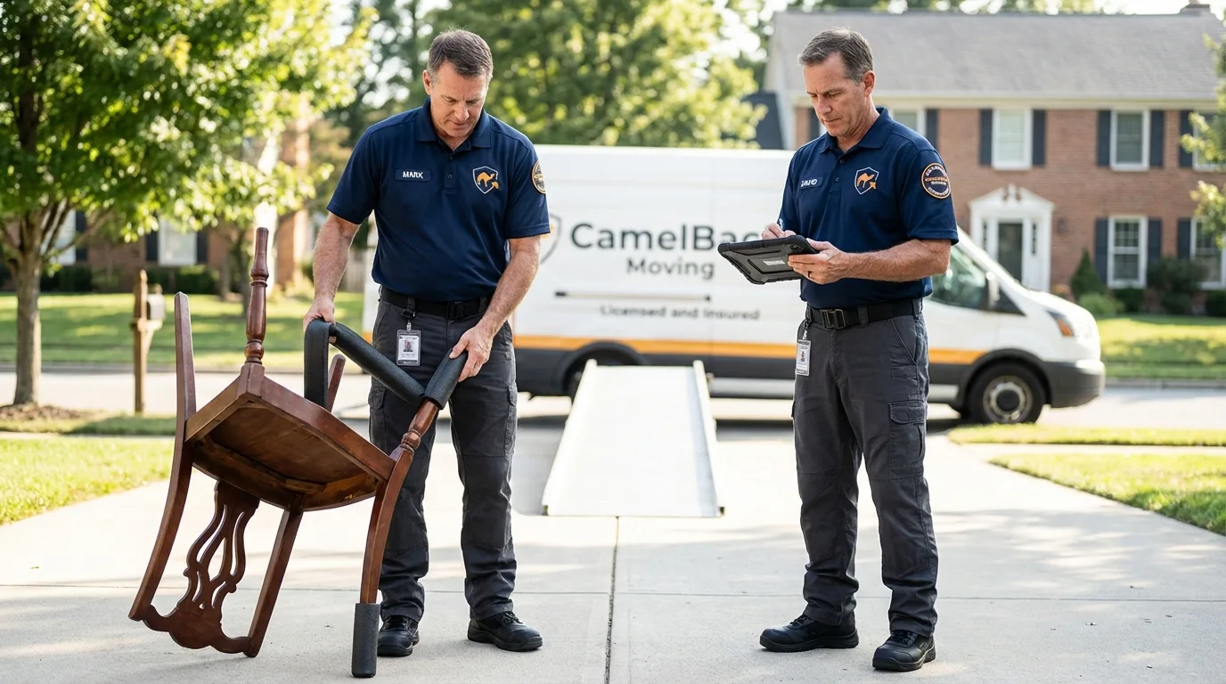 Movers inspecting furniture for damage prevention before loading in West Plains, MO
