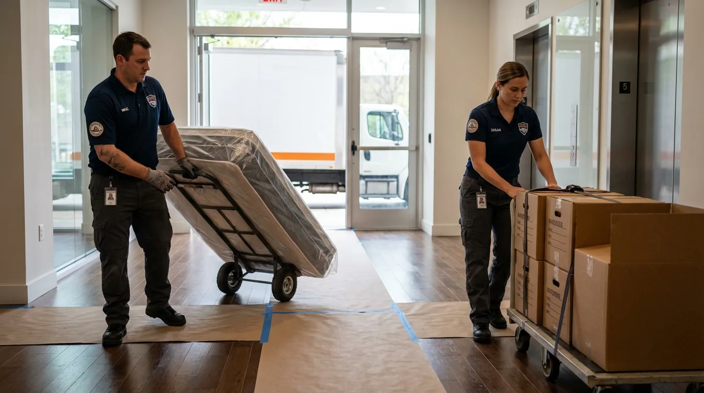 Professional apartment movers loading elevator in West Plains, MO