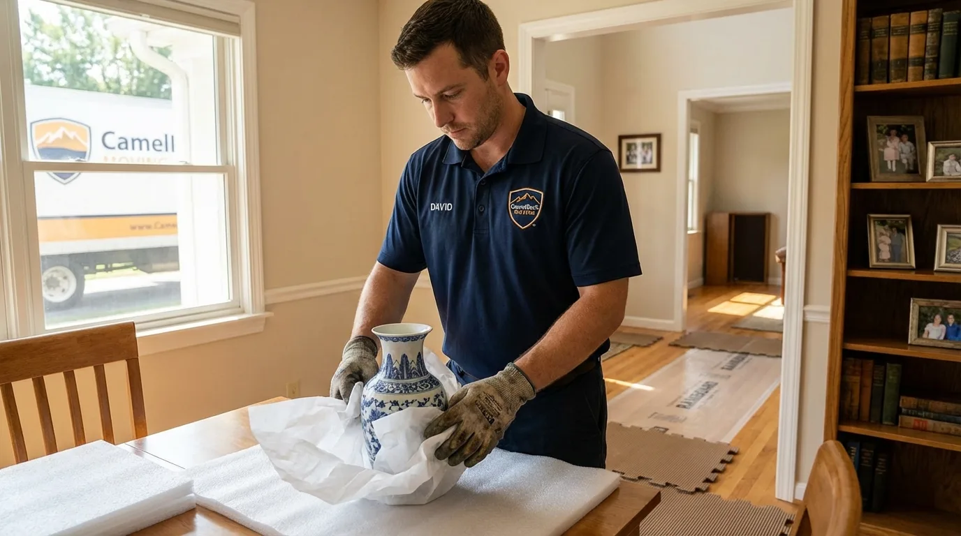 Professional crew carefully wrapping antique vase for senior downsizing move in West Plains, MO